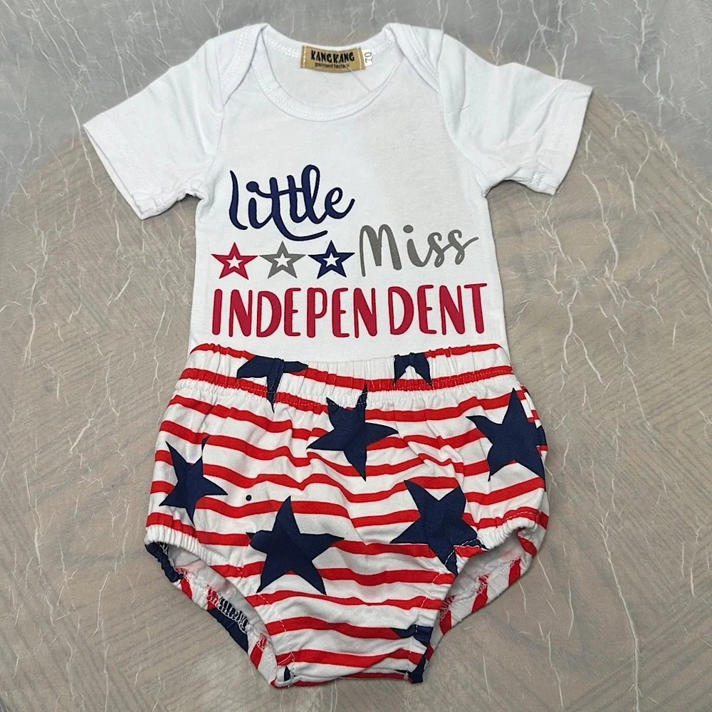3/$20💥 Red‎ White & Blue Stars & Stripes Little Miss Independent Newborn Outfit